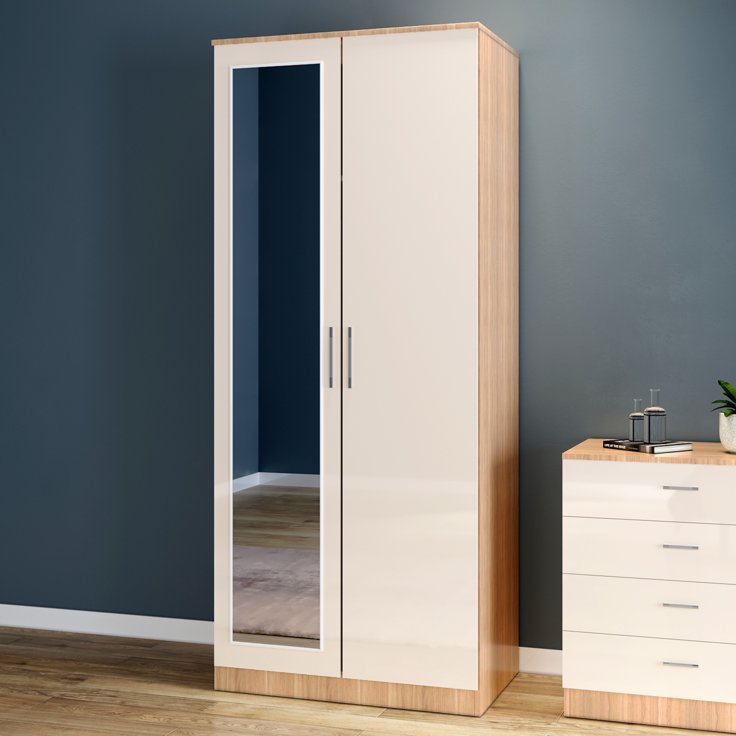 High Gloss 2 Door Wardrobe Mirrored Bedroom Furniture Large Storage